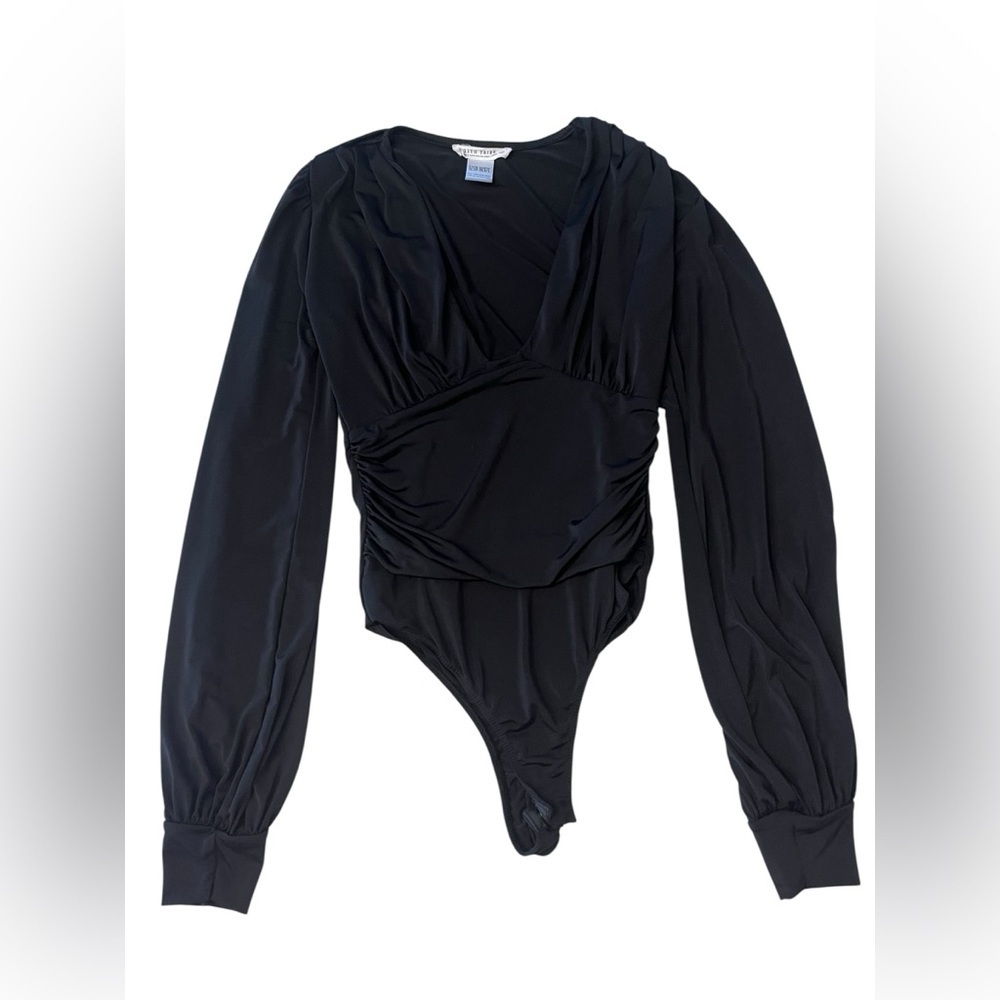 12th Tribe Black Long Sleeve Bodysuit Ruched Waist Deep Plunge Neckline Sz S